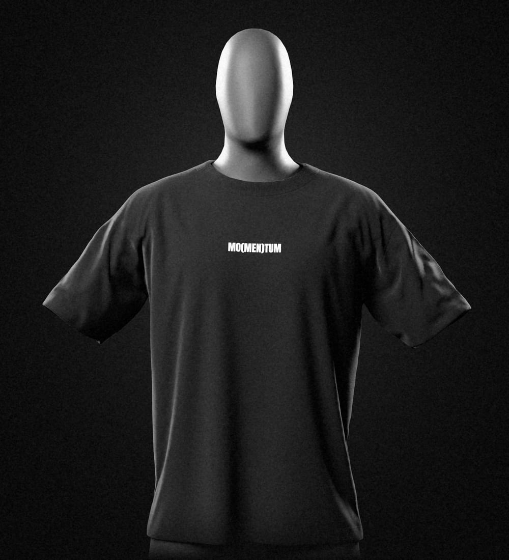 Black heavyweight tee with a small white MO(MEN)TUM on the chest